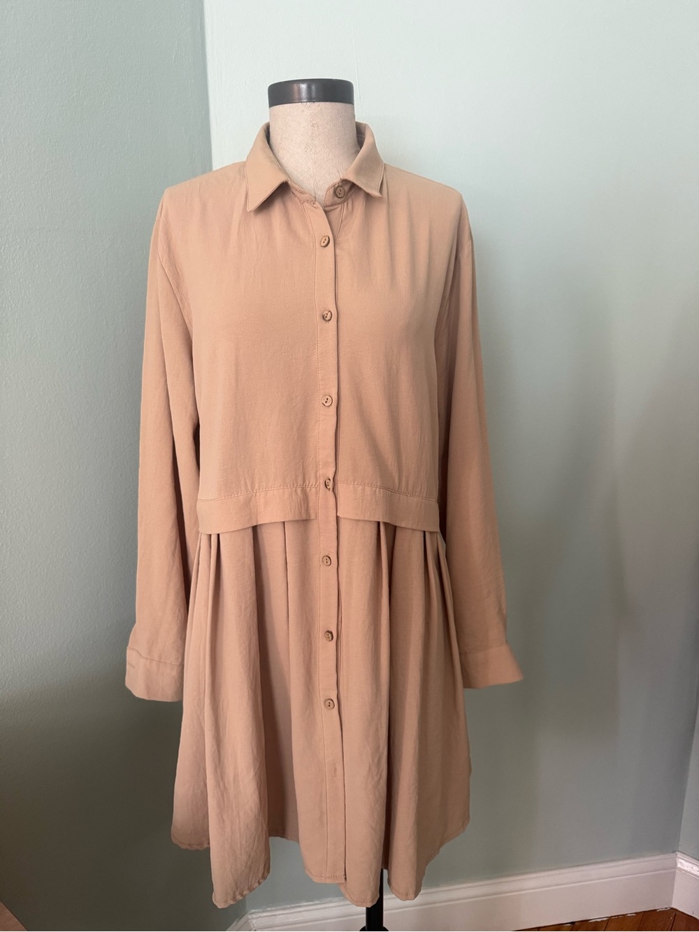 K-N Camel Drop Waist Button Front Shirt Dress | Size XXL | Boho Minimalist